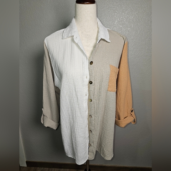 Shannon Passero Colorblock Button Up Gauzy 100% Cotton Shirt.  Tan Cream.  Lg - Picture 6 of 13